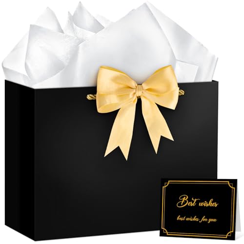 Hooqict Gift Bag Black Birthday Gift Bags with Handles, 1 Ribbon, 4 Tissue Paper, 2 Greeting Cards for Men Women Birthday Presents Wedding Retirement Christmas Gifts Fathers Day - color: Black