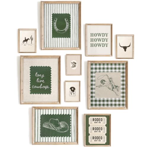 Vodefoad Western Prints, Boys Room Wall Art Canvas Print Set of 10, Vintage Cowboy Gallery Wall Set, Green Gingham Stripe Nursery Poster Decor Retro Rodeo Aesthetic- Unframed - color: Green Cowboy, size: 14L" x 11W"