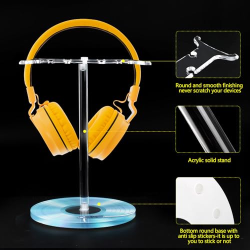 Clear Acrylic Headphone Stand with Patterned Base – Universal Holder for AirPods Max, Gaming & Wireless Headphones – Space-Saving Desk Organizer for Home & Gaming Setup (Blue Record/LP) - style: Blue Record/LP