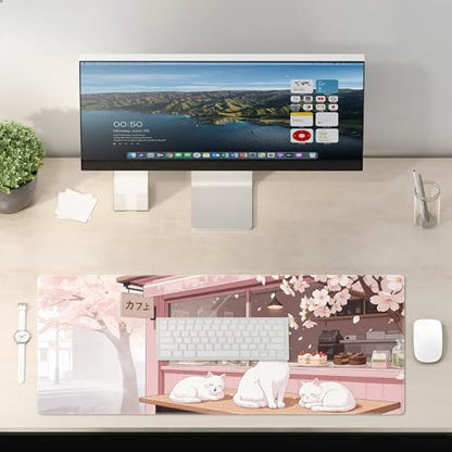 Pink Cute Cat Gaming Mouse Pad Large Desk Mat Extended Keyboard Mouse Pad Anime Mousepad with Non-Slip Base and Stitched Edge Mouse Mat Desk Pad 31.5 x 11.8 in Mouse Pads for Desk Home Office Gaming - color: Pink Cherry Blossom Cat