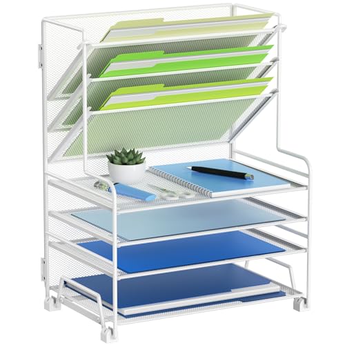 MINDEPOT 4-Tier Paper Organizer + 3-Pocket File Holder + Drawer + Pen Holders, Desktop File Organizers Paper Tray for Office Supplies School Classroom Organization (White, no Drawer & Pen Holder) - color: White, no Drawer & Pen Holder