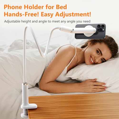 Magnetic Gooseneck Phone Holder for Bed, Flexible Long Arm Cell Phone Stand with Clamp Mount, 900° Rotation Overhead Phone Mount for Bedside, Headboard,Desk, Compatible with iPhone 17 Pro Max - size: 35.43'' Length-Magnetic