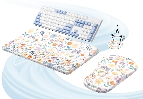 Ospelelf Keyboard Wrist Rest and Mouse Pad Set, Ergonomic Memory Foam Wrist Support, Aesthetic Desk Accessories for Office, Home & Gaming, Relief for Carpal Tunnel & Wrist Pain,Floral Cat - color: Floral Cat