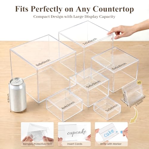 DomeStar 6PCS Clear and White Buffet Risers with Mini Sign, Food Risers Dessert Table Display Set for Buffet Table Party Catering Cupcake Cake Jewelry, Nesting Boxes for Food Display 8" 7" 6" 5" 4" 3" - color: Transparent