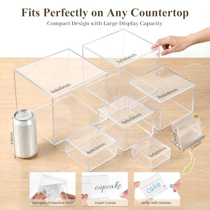 DomeStar 6PCS Clear and White Buffet Risers with Mini Sign, Food Risers Dessert Table Display Set for Buffet Table Party Catering Cupcake Cake Jewelry, Nesting Boxes for Food Display 8" 7" 6" 5" 4" 3" - color: Transparent