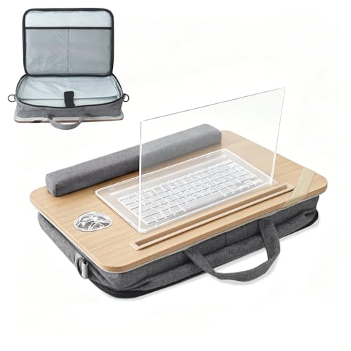 Portable Lap Desk for Bed with Bag | Light wood color, suits 14"-17" Laptops, padded cushion, hand & shoulder straps, tablet & phone slots for home, car & travel - color: Light Brown