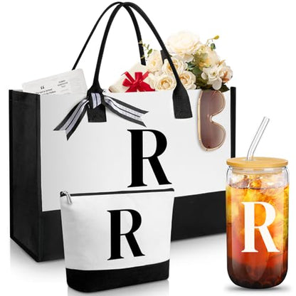 Aliceset Initial Gifts for Women Monogram Canvas Tote Bag and Makeup with Zipper and Initial Glass Coffee Cup Gifts for Her - style: Letter R