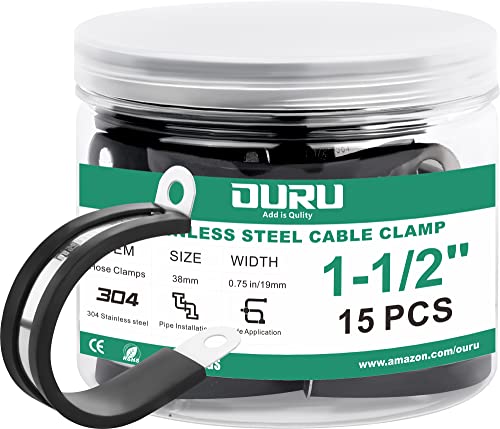 OURU 15pcs 1-1/2 Inch Stainless Steel Cable Clamps,Rubber Coated Cushioned Insulated Cable Clamp,Automotive Cable Wire Clamps,Pipe Clamps,Metal Clamp for Tube,Lines,Wire Cord Installation(Black,38mm) - size: 15pcs - 1-1/2"