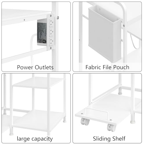 Sedegn Large Printer Stand with 3 AC Outlets for Home Office Devices | Heavy-Duty Printer Table for Laser Printer, Side Paper Storage Bag, 3-Tier Organizer for Shredder, PC Tower & Supplies, White - color: White