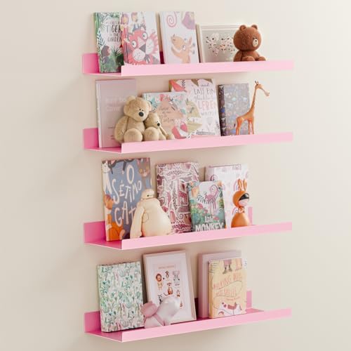 BYCY Metal Floating Shelves Set of 4,15.6 inch Floating Bookshelves for Wall Mounted,Wide Magnetic Book Display Wall Shelves for Classrooms Kitchen Bedroom Room Decor (Pink) - color: Pink, size: 15.7inch,4pcs