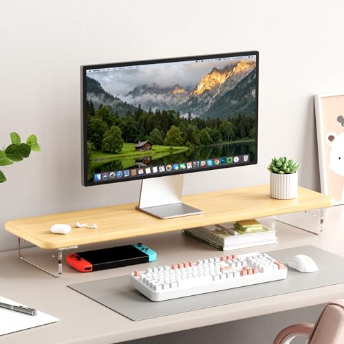 AFOOYO Bamboo Monitor Stand Riser, 31.5In Desk Organizer, Adjustable Arylic Feet Computer Monitor Stand, Desk Shelf for Office - color: Bamboo, size: 1 Tier