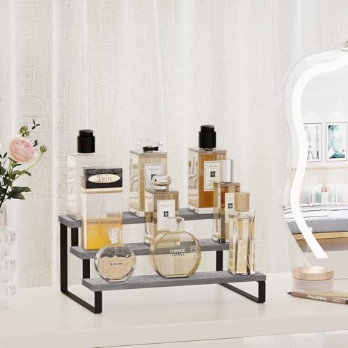 YINMIT Wooden Display Riser Stand, Tiered Perfume and Cologne Organizer Stand, 3 Tier Spice Rack Organizer, Rustic Display Shelf for Candles (3 Tier,Grey) - color: 3 Tier,Grey