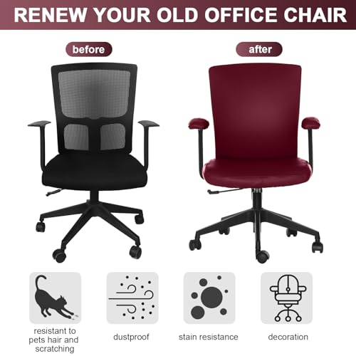 Tallew 4 Pcs Office Chair Covers PU Leather Office Desk Accessories Universal Computer Chairs Cover Stretchable Protective Chair Seat Covers Desk Armrest Cover Slipcovers Rotating Backrest(Burgundy) - color: Burgundy