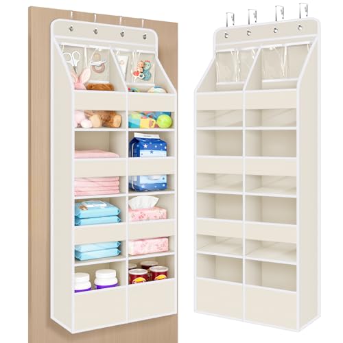 Univivi 5-Shelf Fabric Baby Door Storage Over Door Hanging Organizer with 8 Deep Pockets and 4 Small PVC Pockets Wall Mount Hanging Storage Organizers for Baby Essential (Beige) - color: Beige (Upgraded), size: 5 LAYER