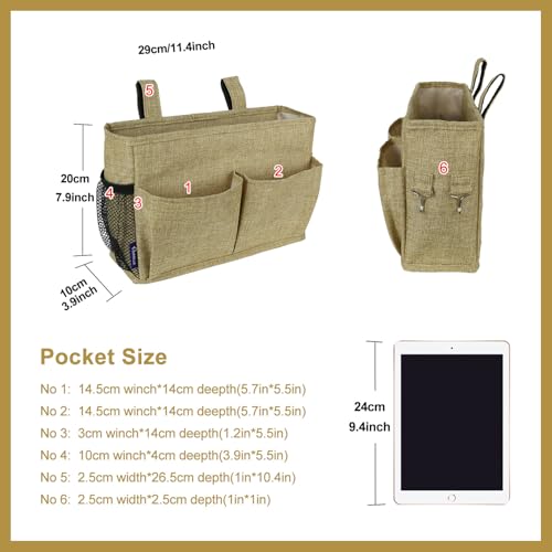 Surblue Bedside Caddy Hanging Bed Organizer Storage Bag Pocket for Bunk and Hospital Beds, College Dorm Rooms Baby Bed Rails, Camp 4 Pockets and 2 Hooks (Small,Linen) - color: Linen, size: Small