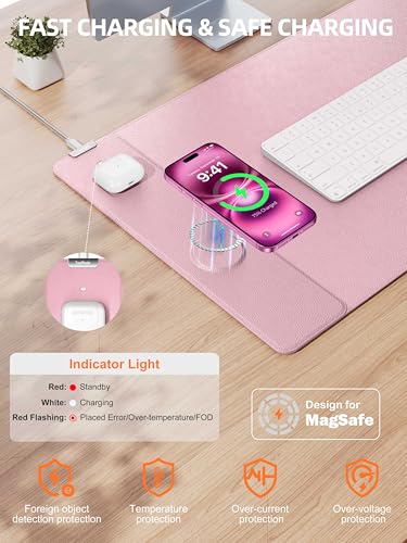 TopMade Mouse Pad with 15W Wireless Charging, XXL Large Leather Desk Mat, Waterproof Gaming Mousepad Home Office Desk Pad Protector, Computer Keyboard Pad, Mouse Mat for MacBook, PC, Laptop, Pink - color: Pink