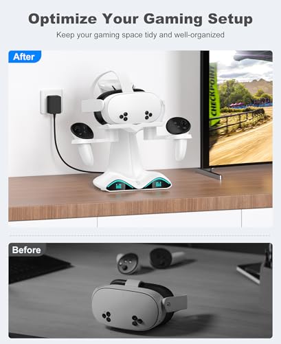 Charging Dock for Meta Quest 3/3S/2 - VR Headset Fast Charging Station Controller Display Stand, VR Accessories for Meta with 4×1100mAh Controller Batteries & LED Light