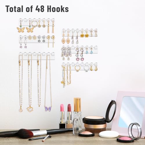 NiHome 6-Pack 48 Hooks Wall-Mounted Clear Plastic Jewelry Organizers for Earrings, Necklaces, Bracelets, Rings, Studs, No-Drill Adhesive Installation Racks for Closet, Bathroom, Bedroom, Mirror - color: Clear-6PCS