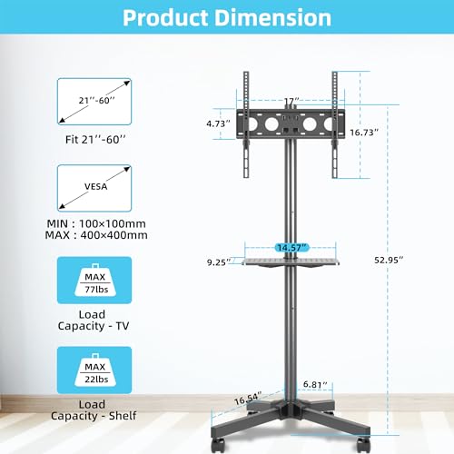 Mobile TV Carts on Wheels for 21-60 Inch Flat/Curved Panel Screens TVs - Height Adjustable Floor Trolley Stand with Shelf Holds up to 77lbs - Max VESA 400x400mm - color: Black High Quality
