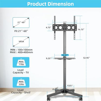 Mobile TV Carts on Wheels for 21-60 Inch Flat/Curved Panel Screens TVs - Height Adjustable Floor Trolley Stand with Shelf Holds up to 77lbs - Max VESA 400x400mm - color: Black High Quality