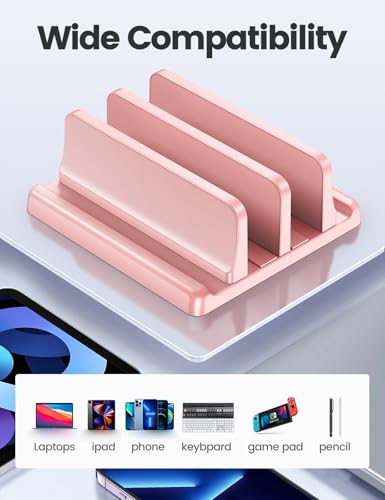 Vaydeer Vertical Laptop Stand for Desk, Dual Slots Plastic Laptop Holder with Space Saving 4-in-1 Design, Adjustable Laptop Stand Supports MacBook, Chromebook, Surface, Dell (Pink) - color: Pink