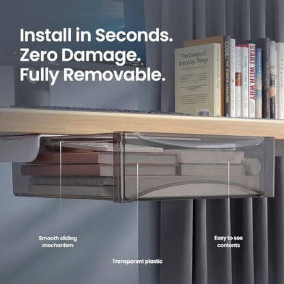 Under Desk Drawer 2-pack from 2B Neat - Self Adhesive Hidden Drawers - Heavy Duty Plastic - Easy Installation - Under Shelf Desk Organizer for Office and Schools Supplies