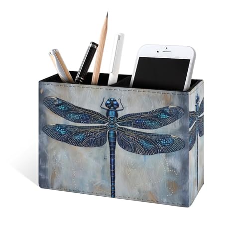 Famame Blue Ethnic Dragonfly Pencil Holder for Desk, Leather Desktop Container Pen Cup Storage Study Table Pen Organizer Makeup Brush Holder for Classroom Office Home - color: Blue Ethnic Dragonfly