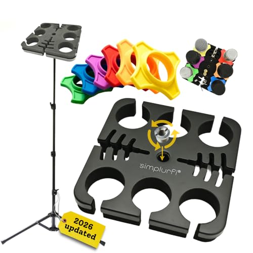 Multi Microphone Holder Cable Hanger & Organizer with Floor Mic Stand - Square Tray Attachment holds up to 6 mics On Stage Organizer and Display - 6 Anti-roll Rings Included - size: with floor stand