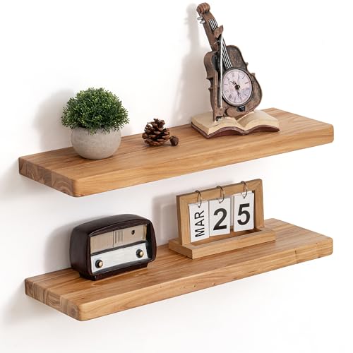 Floating Shelves for Wall, 24"Wx8"D Rustic Solid Elm Wood Floating Shelves Wall Mounted, Round Edge Wall Shelves with Invisible Bracket for Living Room Bathroom Bedroom Kitchen, Set of 2, Natural - color: Natural, size: Round Edge, 24inch, 2Packs