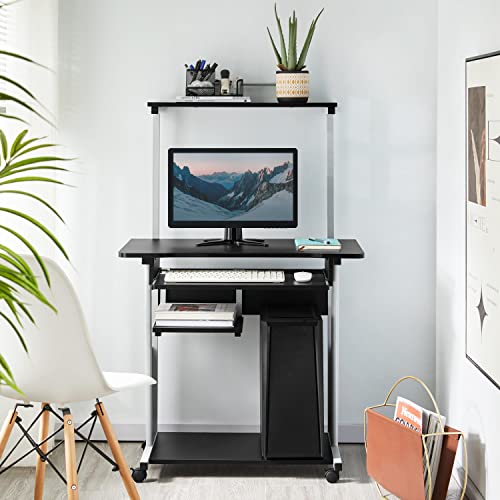 Yaheetech 2 Tier Mobile Computer Desk with Printer Shelf & Keyboard Tray Rolling Computer Table for Small Spaces, Compact Study Workstation with Wheels, Space Saving, Black - color: Black