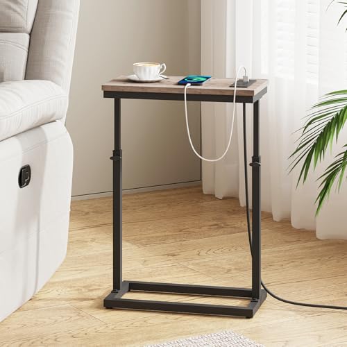 TUTOTAK End Table with Charging Station, Side Table, Tall Couch Table, Sofa Table, Living Room, Bedroom,Greige TB01BG084 - color: Greige, size: 1 Pack, style: With Plug