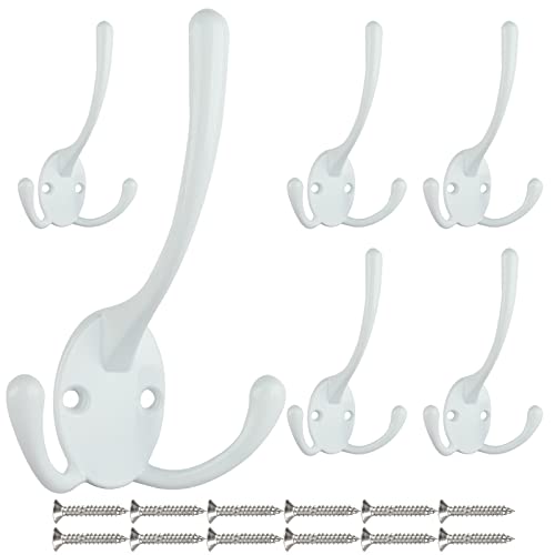 IBosins 6 Pack Big Heavy Duty Three Prongs Coat Hooks Wall Mounted with 12 Screws Retro Double Utility Rustic Hooks for Thick Coat, Big Heavy Bags (White) - color: White