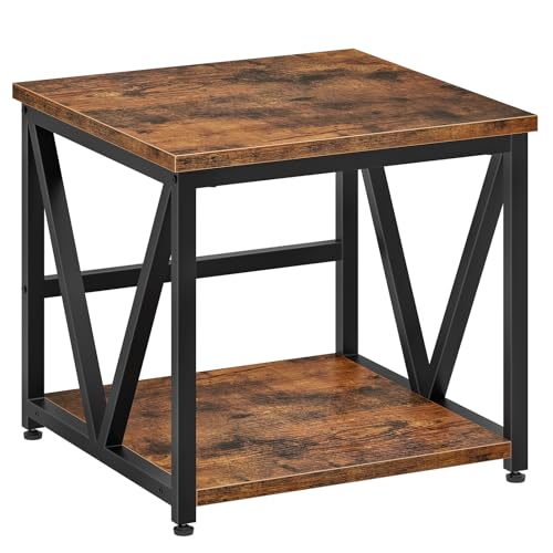 HOOBRO Mini Fridge Stand with 2-Tier Storage Shelf, 19.7” Square End Table, Mini Fridge Table with Wheels and Adjustable Feet, Sturdy Metal Frame for Living Room, Bedroom, Rustic Brown BF01BX01