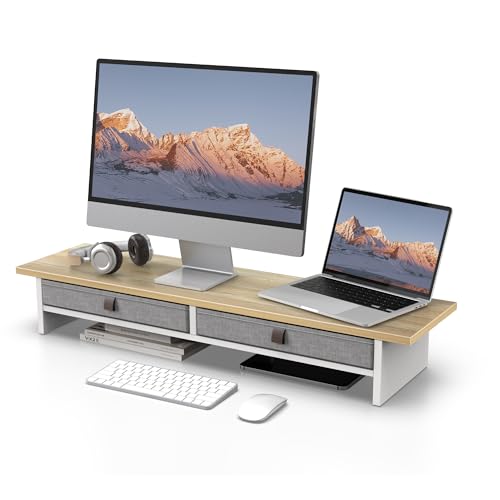Fenge 35 Inch Monitor Stand with Drawer, 2 Tiers Dual Monitor Riser for Desk, Wooden Computer Stand for 2 Monitors, Desk Shelf for Home, Office, Laptop, PC, TV, Printer, Oak - color: Oak