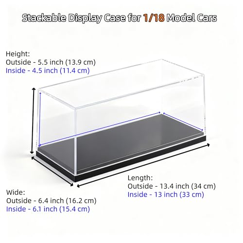 Model Car Display Case, 1:18 Scale Acrylic Display Box for Cars, Stackable Dustproof Storage Boxes for Collectibles, Figures and Memorabilia, 13.4 x 6.4 x 5.5 inch - size: 13.4 x 6.4 x 5.5 inch