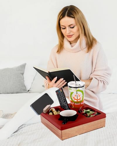 Couch Cup Holder Tray, Silicone Wooden Couch Caddy with Cup Holder for Snacks, Drinks, Remotes, Waterproof Cup Holder for Couch, Organizer, Couch Drink Holder, (red) - color: F-red