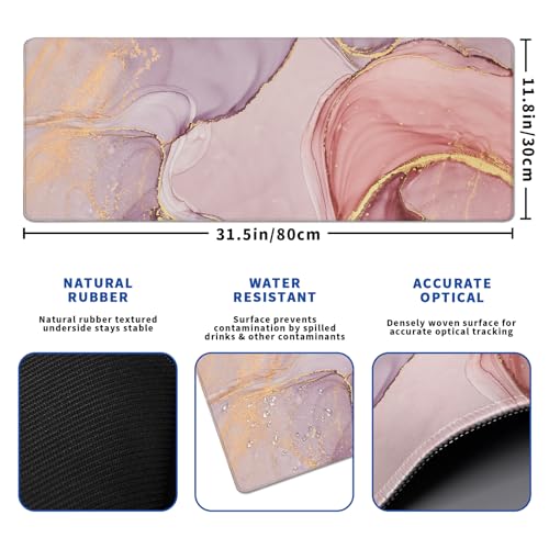 Rose Gold Marble Mouse Pad Abstract Marble Mouse Pad 31.5x11.8 Inch Texture Non-Slip Rubber Base Large Mousepad Stitched Edges Keyboard Mouse Mat Desk Pad for Office and Home - color: Rose Gold Marble