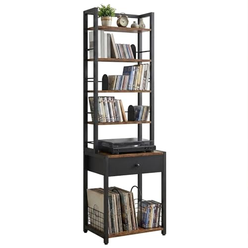 CD Storage Rack, 6-Tier DVD Organizer Shelf with Drawer & Adjustable Book Stoppers, Vinyl Record Holder &Multi-Purpose Media Organizer, Ideal for Living Room/Home Office,15.7x11.8x64.3Inch