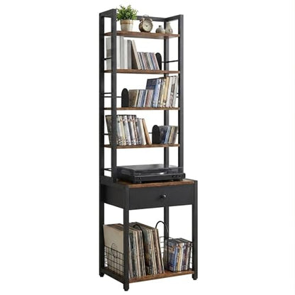 CD Storage Rack, 6-Tier DVD Organizer Shelf with Drawer & Adjustable Book Stoppers, Vinyl Record Holder &Multi-Purpose Media Organizer, Ideal for Living Room/Home Office,15.7x11.8x64.3Inch