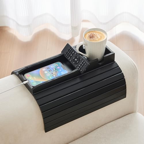 GEHE Bamboo Couch Cup Holder, Anti-Spill Sofa Arm Tray, Natural and Easy to Clean Couch Arm Cup Holder Armrest Tray Perfect for Cups, Beers, Snacks, Remote Control, Drinks - color: Black