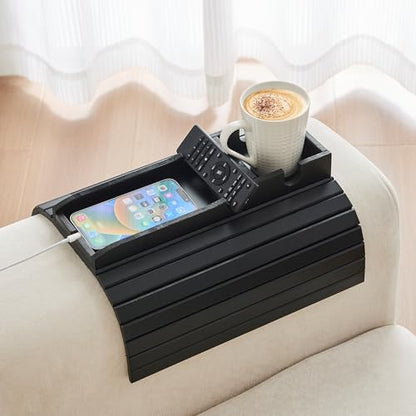 GEHE Bamboo Couch Cup Holder, Anti-Spill Sofa Arm Tray, Natural and Easy to Clean Couch Arm Cup Holder Armrest Tray Perfect for Cups, Beers, Snacks, Remote Control, Drinks - color: Black