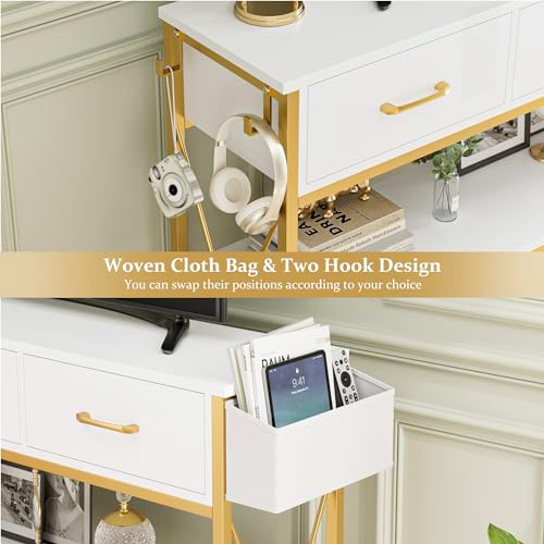 HITHOS 47.2" Console Table with 3 Drawers, Narrow Long Entryway Table with 3-Tier Storage Shelves, Industrial Sofa Foyer Table for Living Room, Hallway, Entry Way, Foyer, Kitchen, White/Gold - size: 47.2"