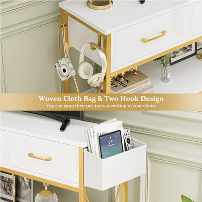 HITHOS 47.2" Console Table with 3 Drawers, Narrow Long Entryway Table with 3-Tier Storage Shelves, Industrial Sofa Foyer Table for Living Room, Hallway, Entry Way, Foyer, Kitchen, White/Gold - size: 47.2"