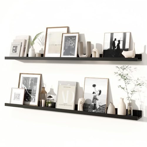 Fun Memories Picture Ledge Shelves Set of 2, 48 Inch Rustic Wall Mounted Floating Shelves with Lip for Home Storage and Décor in Bathroom, Kitchen, Nursery, Bedroom, Living Room, Black - color: Black, size: 48 inch, Set of 2