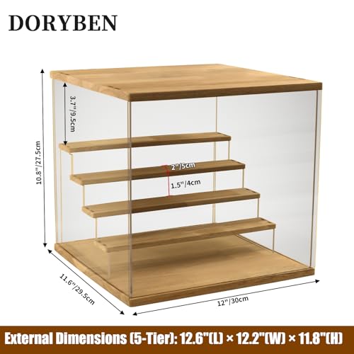Acrylic Display Case with Adjustable LED Light, 5 Tier Clear Display Box Dustproof Showcase for Action Figures, Collectibles and Mini Toys, Assembly Display Cabinet(Wood 12.5×12.2×11.8in) - color: Wood, size: 5 Tier 12.5×12.2×11.8in