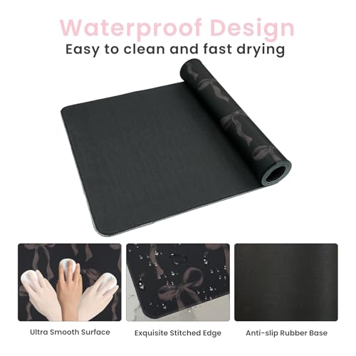 Large Desk Mat, Black Bow Mouse Pad 31.5 x 15.7, Coquette Mouse Pad Black Cute Desk Matt, Aesthetic Office Desk Accessories, Stitched Edge, Non-Slip Base Girly Gaming Mouse Pad Computer Keyboard Mat - color: Black Dark, size: 31.5" x 15.7"