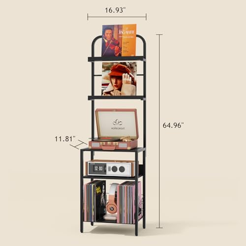 Homsorout Record Player Stand with Vinyl Storage - 5-Tier Turntable Table with Adjustable Feet, Metal & Wood Cabinet - Console Organizer Display Shelf for Living Room, Apartment - style: Black Without Socket