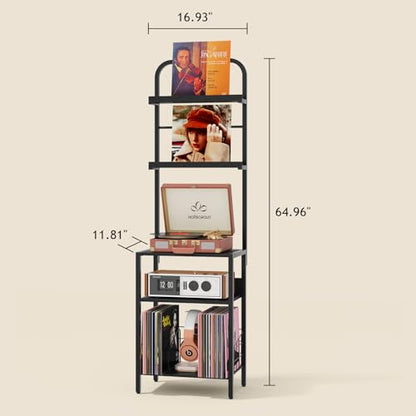 Homsorout Record Player Stand with Vinyl Storage - 5-Tier Turntable Table with Adjustable Feet, Metal & Wood Cabinet - Console Organizer Display Shelf for Living Room, Apartment - style: Black Without Socket