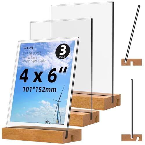 4x6 Inch Acrylic Sign Holder with Wooden Base, Desktop Display Stand (4x6 3Pack) - size: 4x6 3Pack