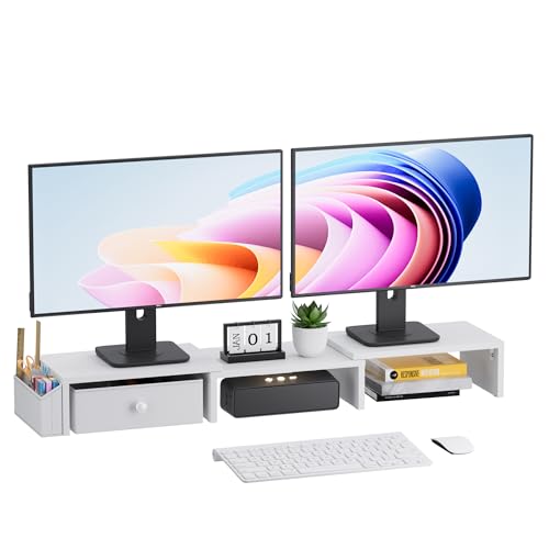 Dual Monitor Stand Riser, Adjustable Length & Swivel Angle Monitor Stand, Ergonomic Monitor Stand with Drawer & Side Pockets, Desktop Organizer and Office Desk Accessories, White - color: White, style: Separate-Type